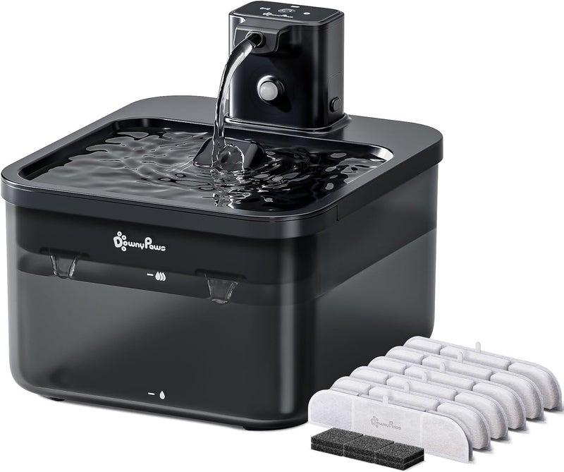 DownyPaws Battery Operated Cat Water Fountain, 84oz/2.5L Fursink Wireless Cat Waterer Fountain with Motion Sensor, BPA-Free, Black with 6 Filters - Image 1